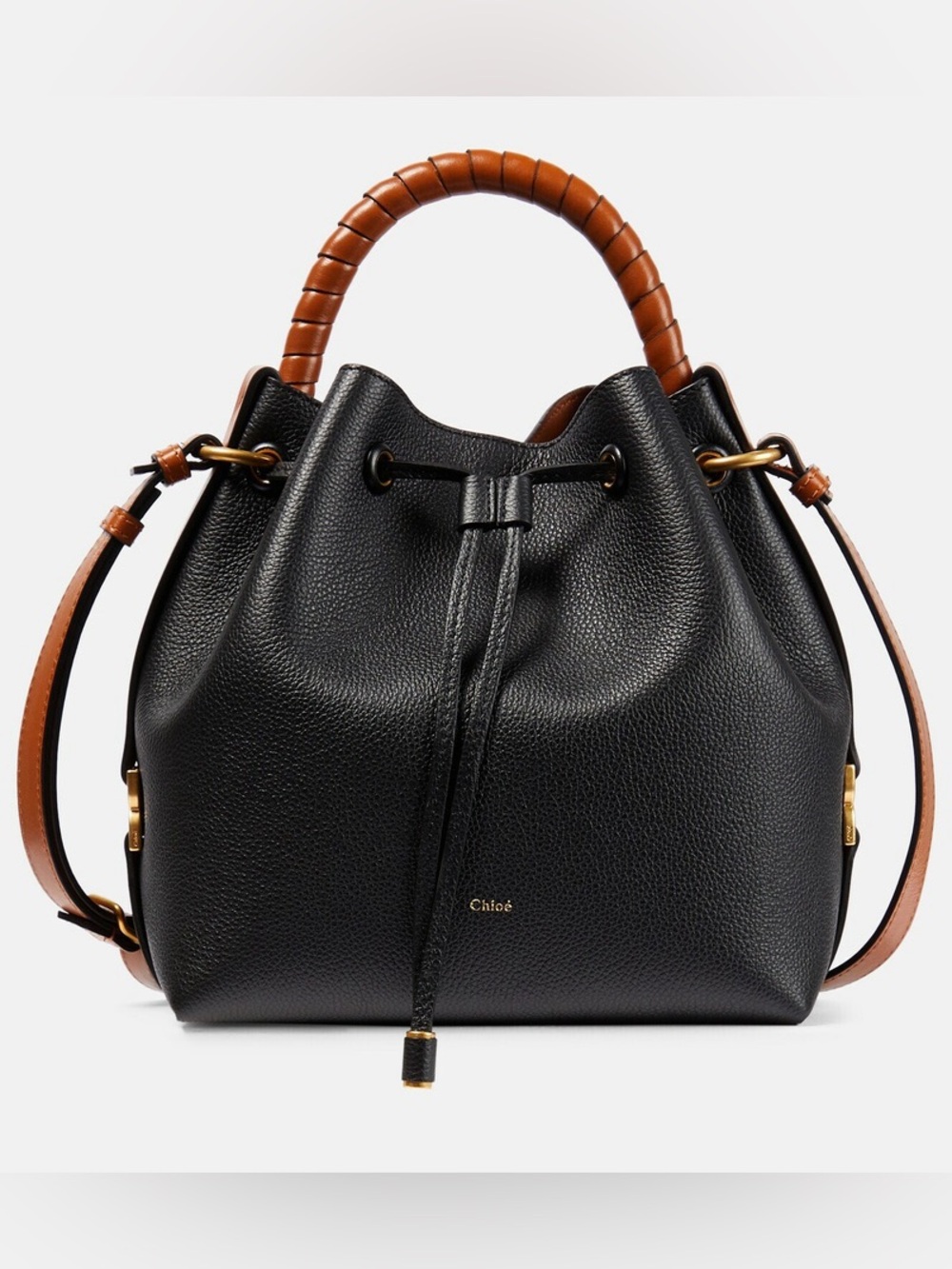Chloé Marcie Drawstring Bucket Bag Black Leather Top Handle Crossbody